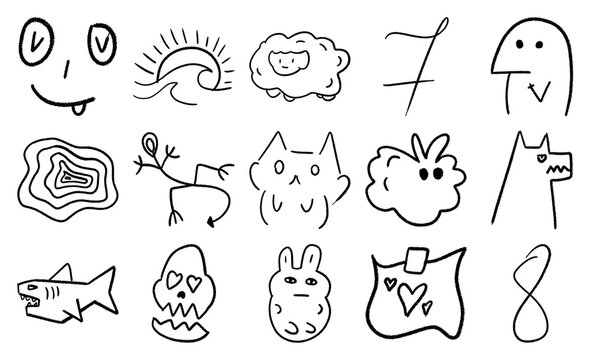 Cute doodle illustrations collage PNG graphic resource with quirky characters and symbols