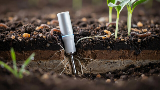 Electronic soil moisture sensor probe inserted into dark earth with small green plant seedlings