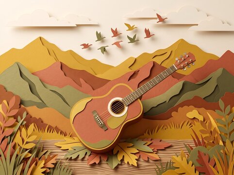 Acoustic guitar surrounded by autumn paper cut landscape with mountains and flying birds