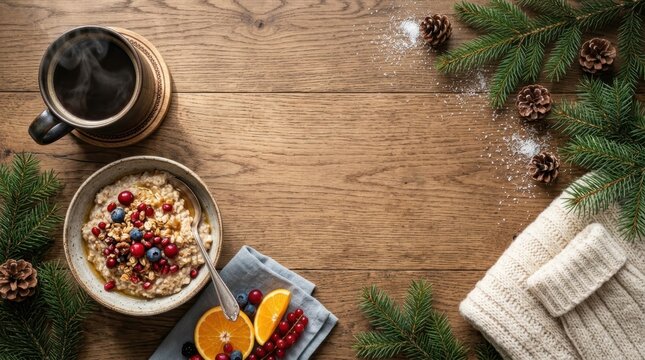 Cozy winter breakfast flat lay with coffee and granola