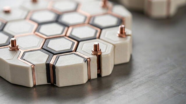 Geometric concrete and copper modular component with black bolts on a brushed metallic background