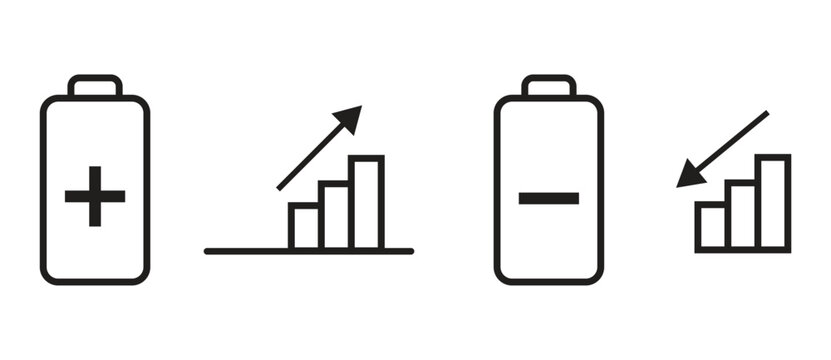 Battery charging and discharging icons with plus, minus symbols and growing, decreasing bar charts vector illustration