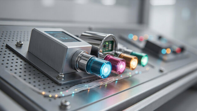 Industrial control interface with glowing buttons and digital screens connected by fiber optics