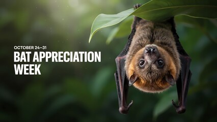Fototapeta premium Cute flying fox bat hanging upside down in a tropical tree during bat appreciation week event