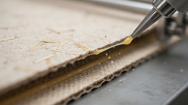 Industrial glue dispensing nozzle applying adhesive to corrugated cardboard sheets in a factory