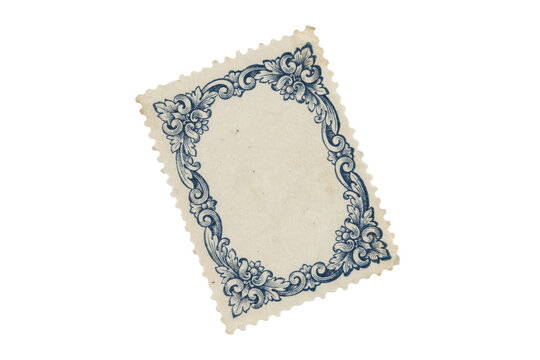 Vintage postage stamp with ornate blue floral scrollwork border frame isolated on a transparent background