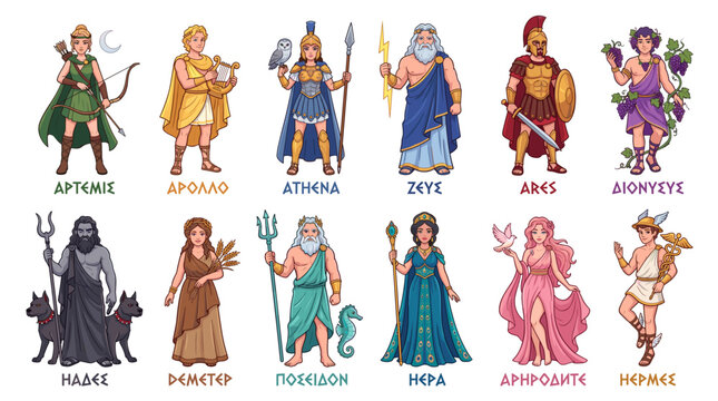 Collection of cartoon-style illustrations of prominent Greek deities, each labeled with their name.