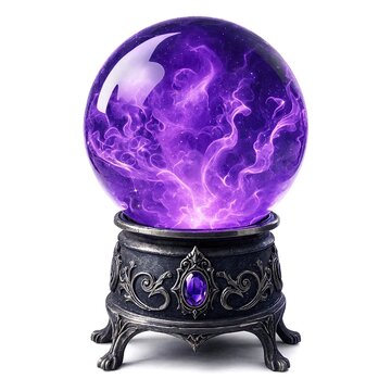 Glowing purple magic crystal ball with smoke inside on an ornate vintage metal stand