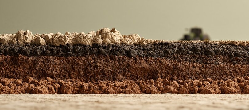 Tractor preparing layered soil for planting with visible earth textures and clods