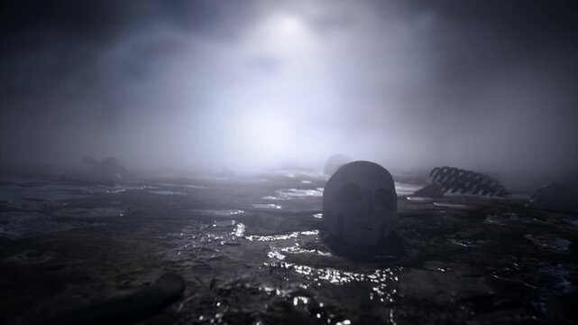 Foggy night ground with human bones