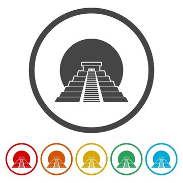 Maya pyramid sign icon. Set icons in color circle buttons