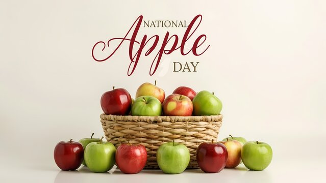 National apple day greeting card with fresh red and green apples in a rustic wicker basket