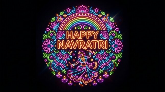 Happy navratri colorful neon text celebration poster with glowing lights and party backdrop navratri festival background colorful celebration