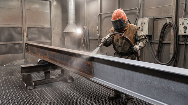 Worker shot blasting steel beam for surface preparation, rust removal and industrial coating prep