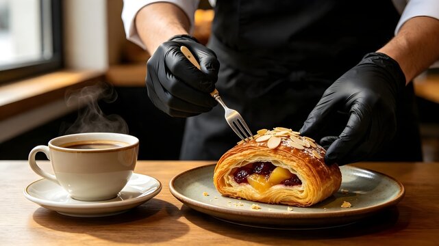 Pastry, chef serving fruit danish pastry with hot coffee in cafe