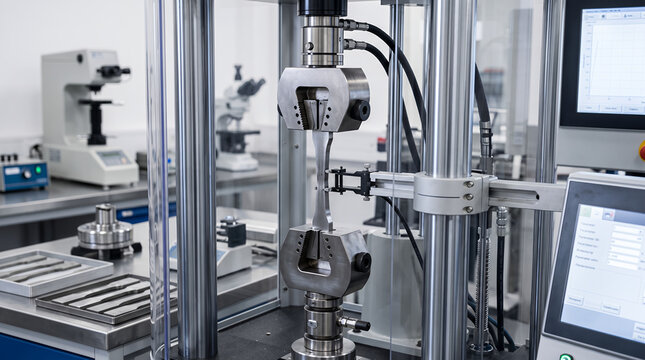 Steel tensile test on universal testing machine, material strength and stress analysis laboratory