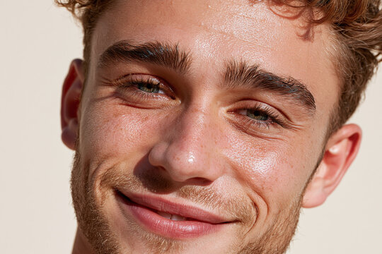 Young man smiling in warm sunlight with natural skin texture and stubble, close up portrait conveying relaxed, confident mood