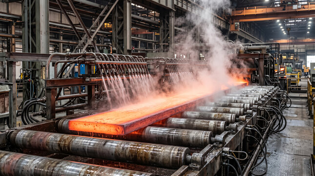 Continuous steel casting strand cooling with water sprays, hot slab production in steel mill