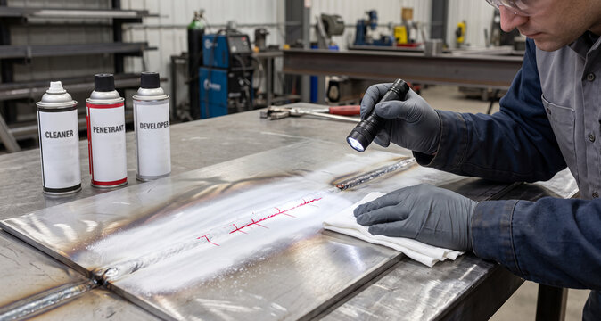 Dye penetrant inspection revealing surface cracks in steel weld, NDT quality control and testing
