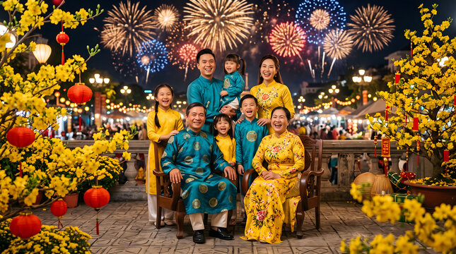 Asian family celebrating Lunar New Year Tet festival, family portrait in traditional ao dai under night fireworks