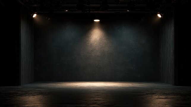 Dark studio backdrop with centered gray illumination and warm lamp lighting on a glossy floor