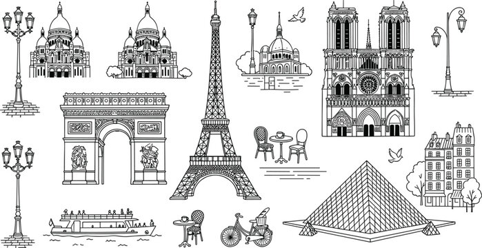Paris Landmarks Illustration, Detailed Line Art, Travel Icon Set. Parisian Architecture, Eiffel Tower, Notre Dame