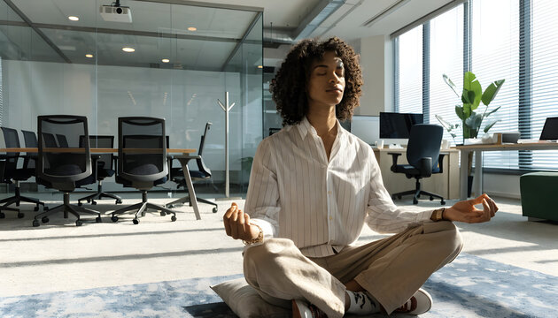A young professional with curly hair meditates in a cross legged position inside a modern office with meditative pose floor space during workday