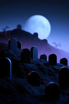 Minimal Halloween cemetery with matte headstones on dark hills under glowing full moon