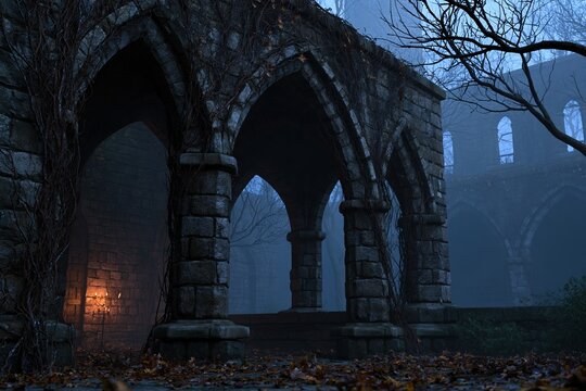 Gothic stone courtyard with pointed arches and ivy at blue hour