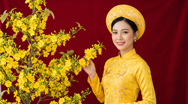 Traditional Vietnamese woman wearing yellow ao dai dress, beautiful Asian female portrait celebrating Lunar New Year Tet