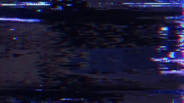 Abstract digital glitch background with distorted signal noise and chromatic aberration effects, dark blue texture with horizontal scan lines and pixelated interference