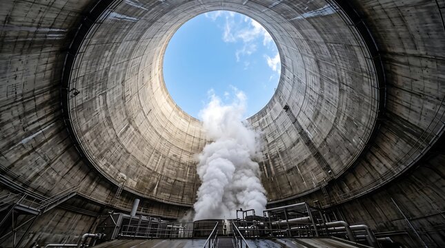 Industrial cooling tower interior with rising steam, concrete power plant chimney structure, energy production facility with blue sky view