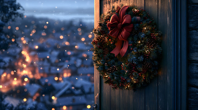 Christmas wallpaper, wreath with red ribbon on a wooden door on a hill overlooking a sleeping town, magical winter night