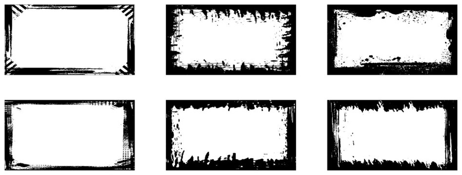 Bundle of 6 black grunge frame texture. Set of grunge frames. Black borders with distressed effect