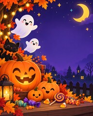 Fototapeta premium Colorful Cute Halloween Night Illustration with Copy Space