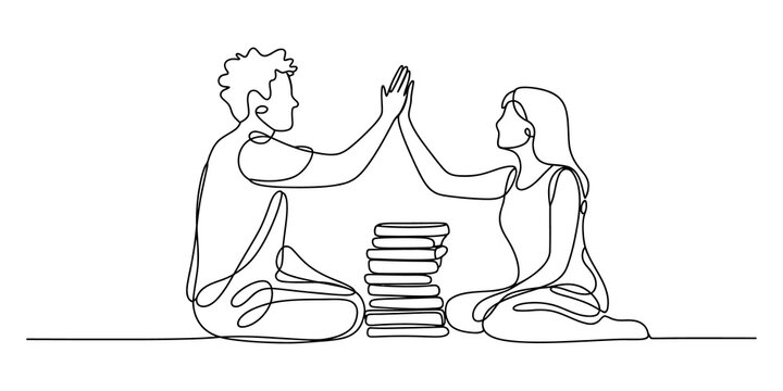 Continuous line drawing Young man and woman sitting together and giving a high five with books