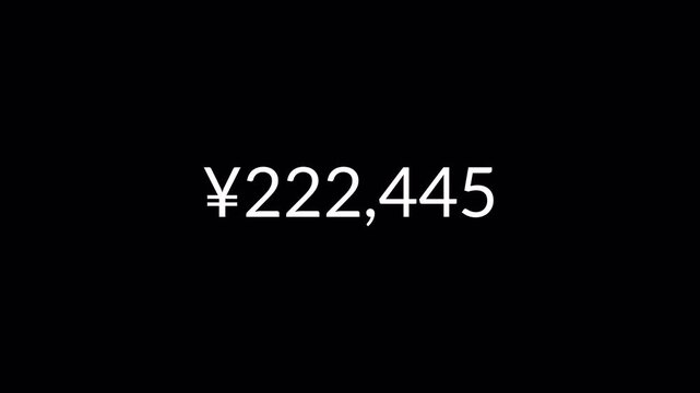 yen currency counter numbers animation from o to 400000 on black background in 4k resolution.