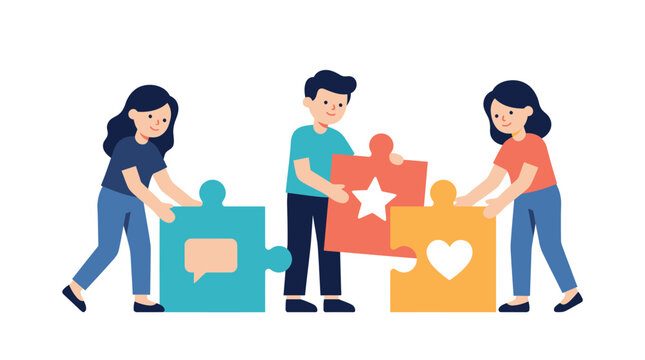 Diverse people collaborating together connecting colorful jigsaw puzzle on transparent background