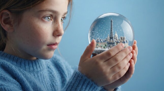 Young girl holding snow globe with miniature in snowy scene