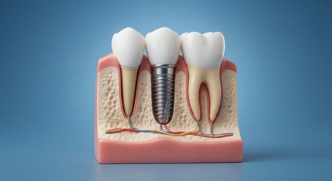 Detailed dental implant model showing titanium screw crown and root nerves inside jaw bone