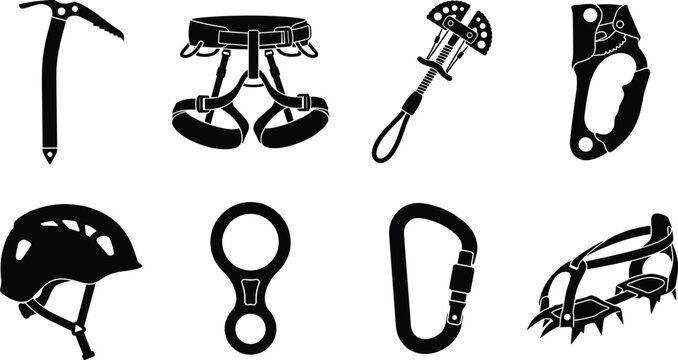 Mountaineering and rock climbing equipment black silhouette vector icon set isolated on white background for outdoor adventure design