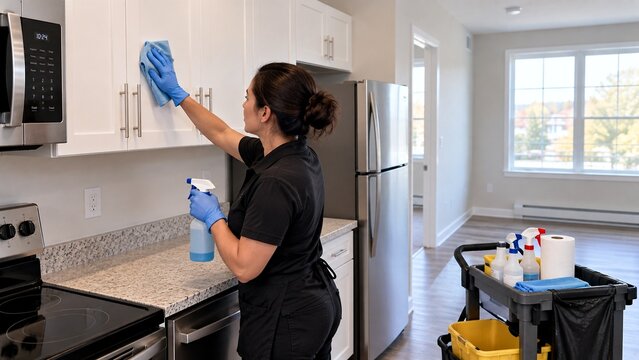 Professional cleaner wiping empty apartment kitchen cabinets between tenants