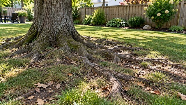 Mature backyard tree with large surface roots exposed through thinning lawn, realistic landscaping maintenance issue