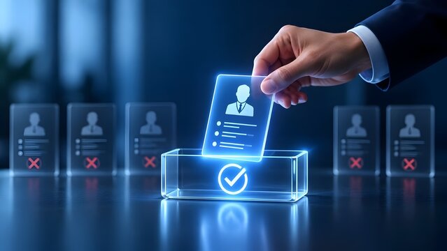 Digital Human Resources Resume Screening Showing Hand Approving Top Candidate Profile Card