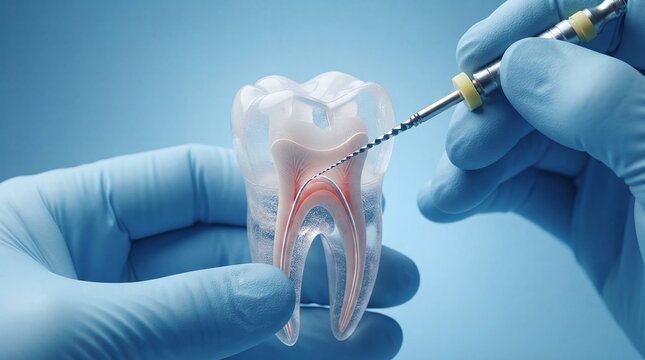 Endodontic file cleaning root canal inside transparent tooth model held by gloved hands