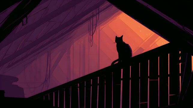 Halloween wallpaper, black cat sitting on a fence in a creepy old attic, flickering shadows everywhere, classic Halloween orange black purple palette