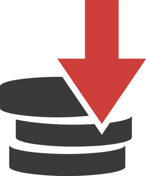 Icon of a stack of coins with a red downward arrow, representing financial loss, price reduction, or decreased savings