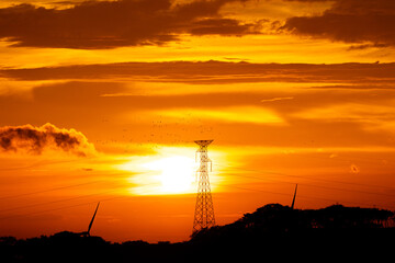 Obraz premium Power lines, birds, and wind turbine silhouetted against sunset sky