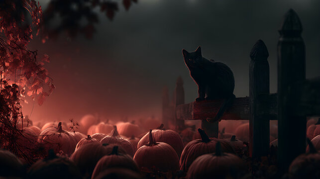 Halloween wallpaper, black cat sitting on a fence in a spooky pumpkin patch, dark and haunting feel, deep red and black tones, cinematic photography style, high resolution