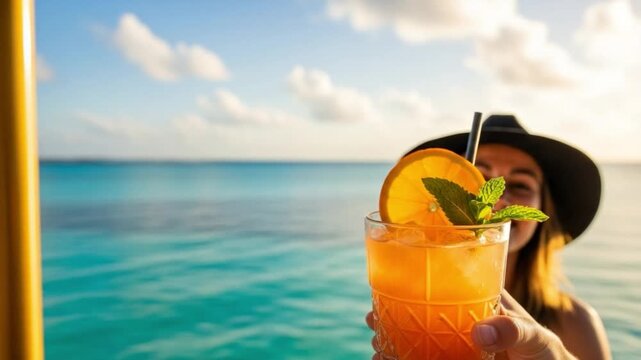 Closeup of a refreshing orange cocktail held in front of a smiling woman at a tropical beach resort